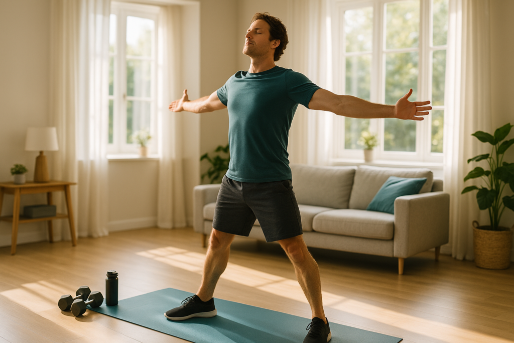 A person performing chest openers in a bright living room, sunlight streaming through the windows.