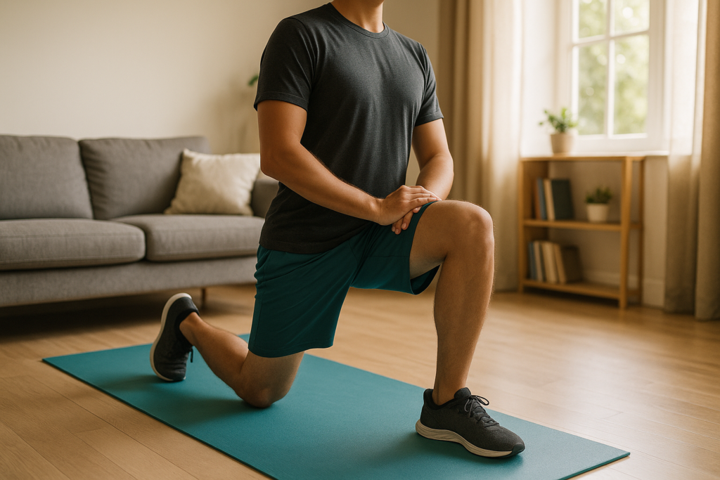 A person practicing a gentle hip flexor stretch in a living room, with soft natural light coming through a window.